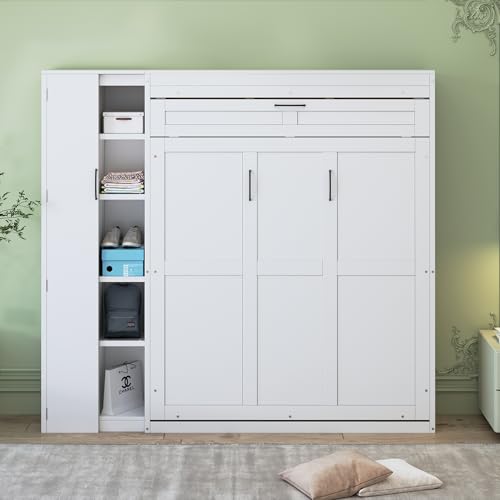 Harper & Bright Designs Queen Size Murphy Bed Wall Bed with Storage Shelves, Wardrobe and LED Lights, Space-Saving for Multipurpose Guest Room or Home Office, Gray