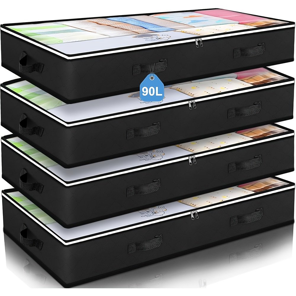 4 Pack Under Bed Storage Containers - Large Capacity Foldable Fabric Bins with Clear Window - Classic Rectangular, Multi-Purpose for Bedroom Organization &amp; Storage