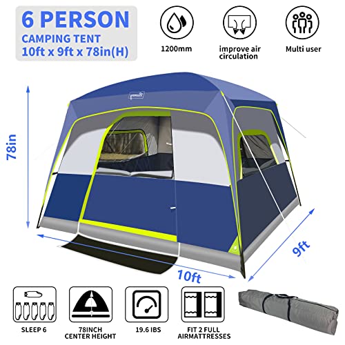 6-Person Tent/Instant for Camping Windproof Family 60 Seconds/Easy Setup Cabin Tent with Top Rainfly, Double Layer,4 Large Mesh Windows,2 Mesh Door,Provide 2 pcs Gate Mat Camping Tent-10'X9'X78''(H)