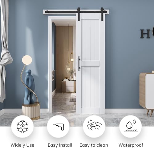 EaseLife 54 x 84 inch White Barn Door with 9FT Sliding Door Hardware Kit Included & Handle,Solid Wood Covered with Waterproof PVC Surface,DIY Assemblely,Easy Install,H-Frame,Fit 50-52in Wide Opening