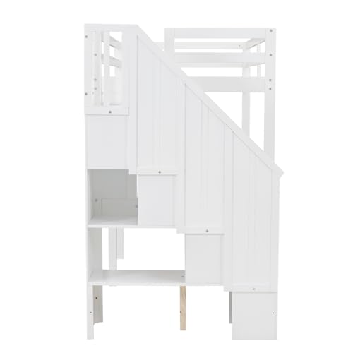 Harper & Bright Designs Twin Size Loft Bed with Stairs and Desks, Wood Loft Bed Frame with Storage Drawers, White