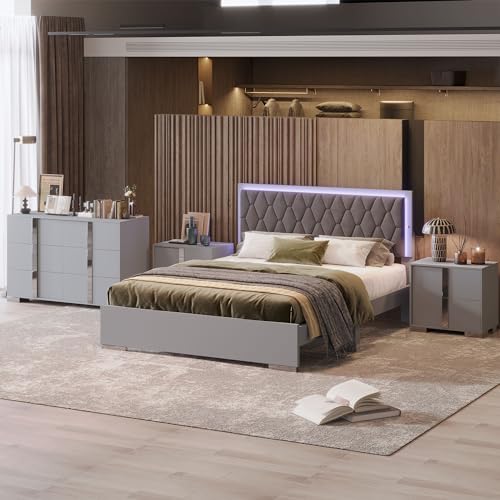 4-Piece Bedroom Furniture Set, Queen Wood Upholstered Bed with LED Lights, 2 Mirrored Nightstands, 6-Drawer Dresser with Metal Handles and Legs (Grey)