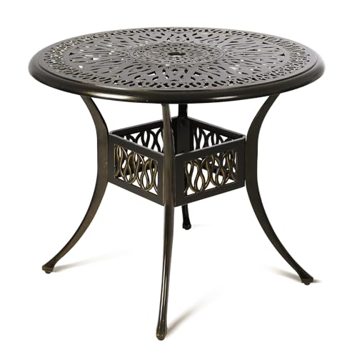 Patio Dining Table,Cast Aluminum Patio Table with Umbrella Hole, Outdoor Bistro Table for Backyard, Garden, Patio…