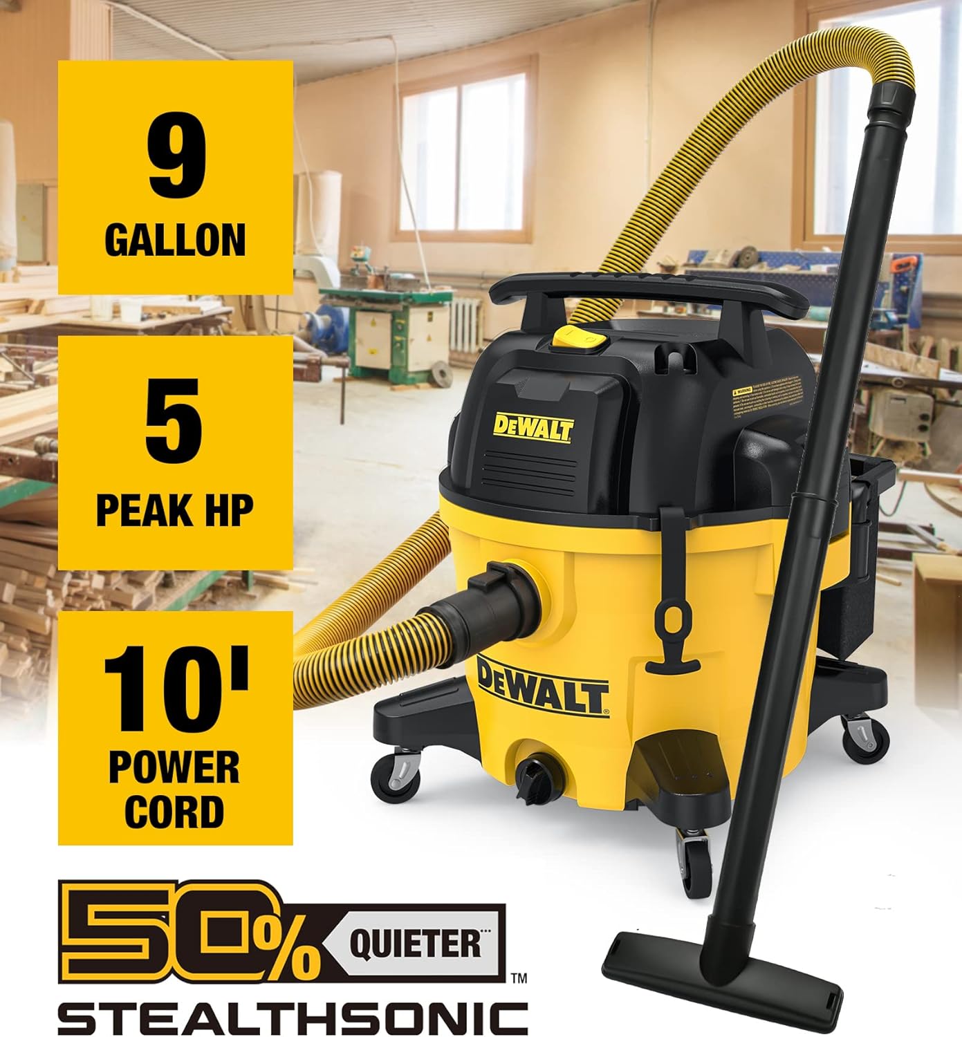 DEWALT 9 Gallon STEALTHSONIC Ultra Quiet Poly Wet/Dry Vacuum, DXV09P-QTA Newest Noise Reduction Vac, Heavy Duty Shop Vacuum for Jobsite/Workshop, Reduce Motor Noise, Yellow