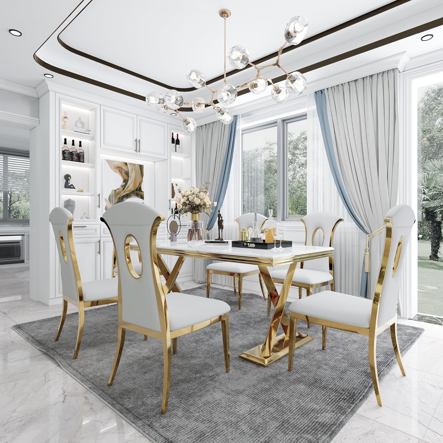 White and Gold Dining Table, 72" Dining Room Table with Polished Gold Double X-Base, Luxury Kitchen Table for 4-8