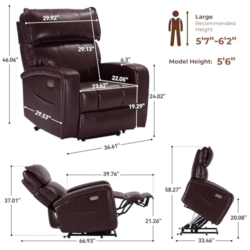Power Lift Recliner Chair with Adjustable Headrest for Elderly, Electric Recliners with Heat & Massage, USB & Type C Ports, Reclining Single Sofa Chair, Leather
