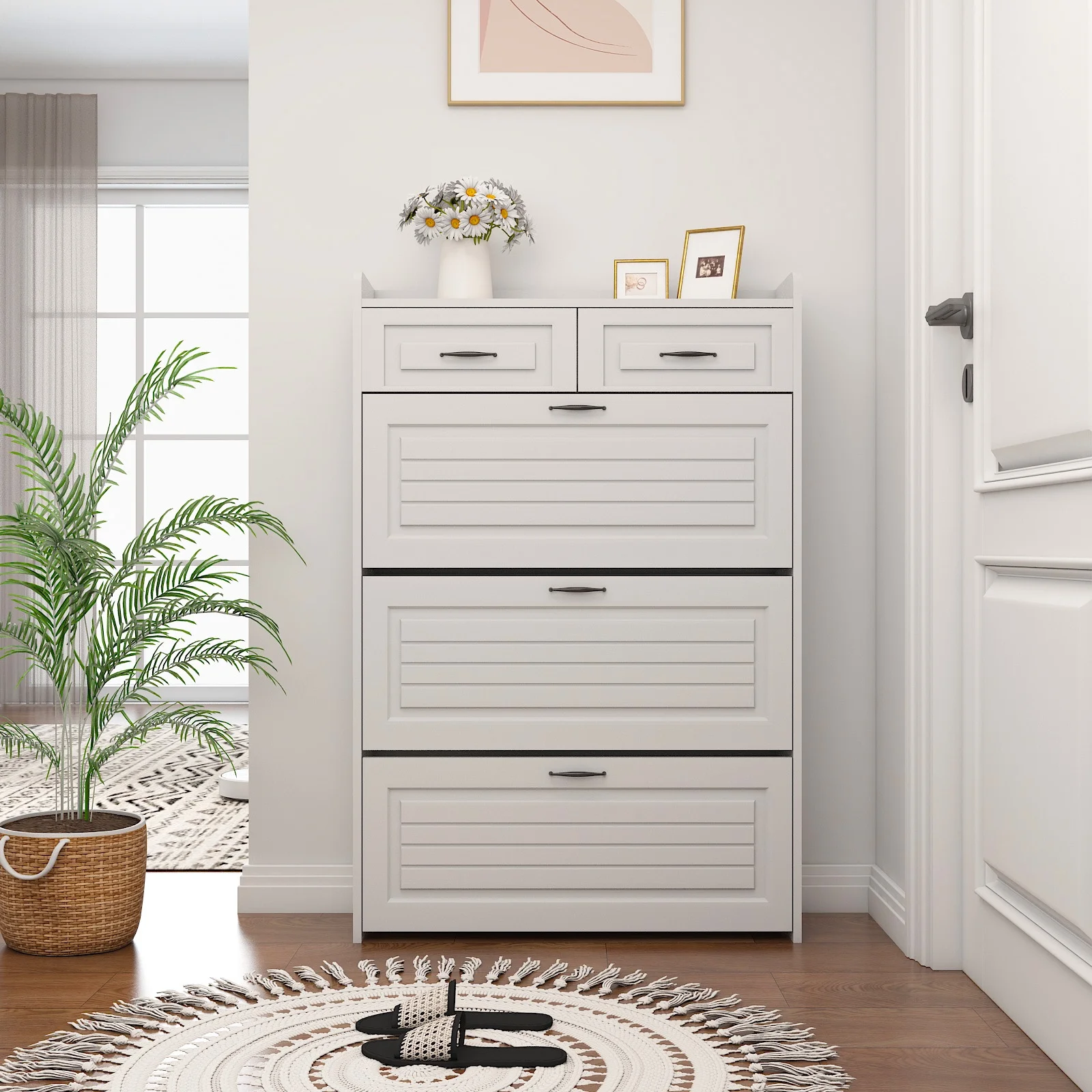 Yone jx je Shoe Cabinet for Entryway, White Narrow Shoe Storage Organizer with 3 Doors 2 Drawers,Flip Down Shoe Rack Wood 4 Tier Shoe Storage Cabinet for Hallway, Living Room,Home and Apartment