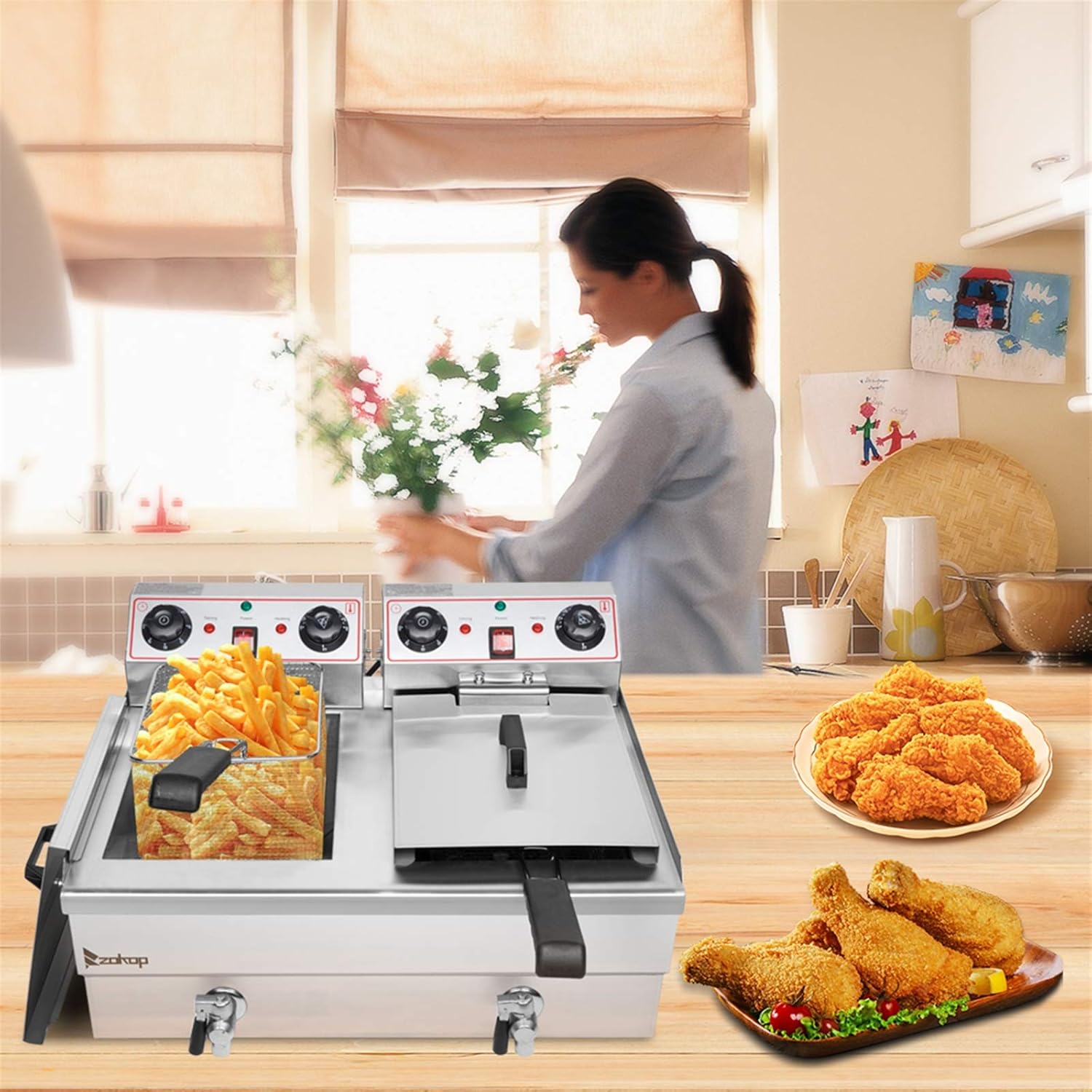 ZOKOP EH102V 16.9QT / 16L Total Capacity 24.9QT/23.6L Stainless Steel Faucet Double Tank Deep Fryer 3400W MAX(8L 8L Big Blue/Large Handle)
