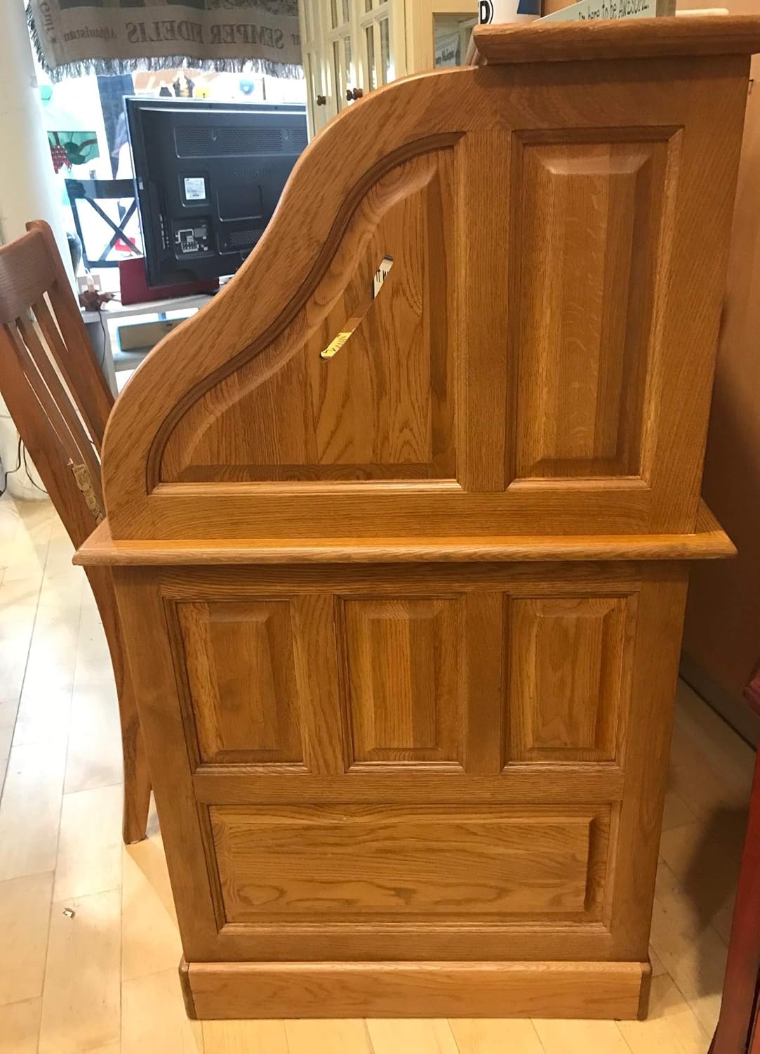 Roll Top Desk Solid Oak Wood 54 inch Deluxe Executive Desk Harvest Stain Home Office Secretary Organizer Roll Hutch Top Easy Assembly Quality Crafted Construction Locking File Drawers Dovetailed