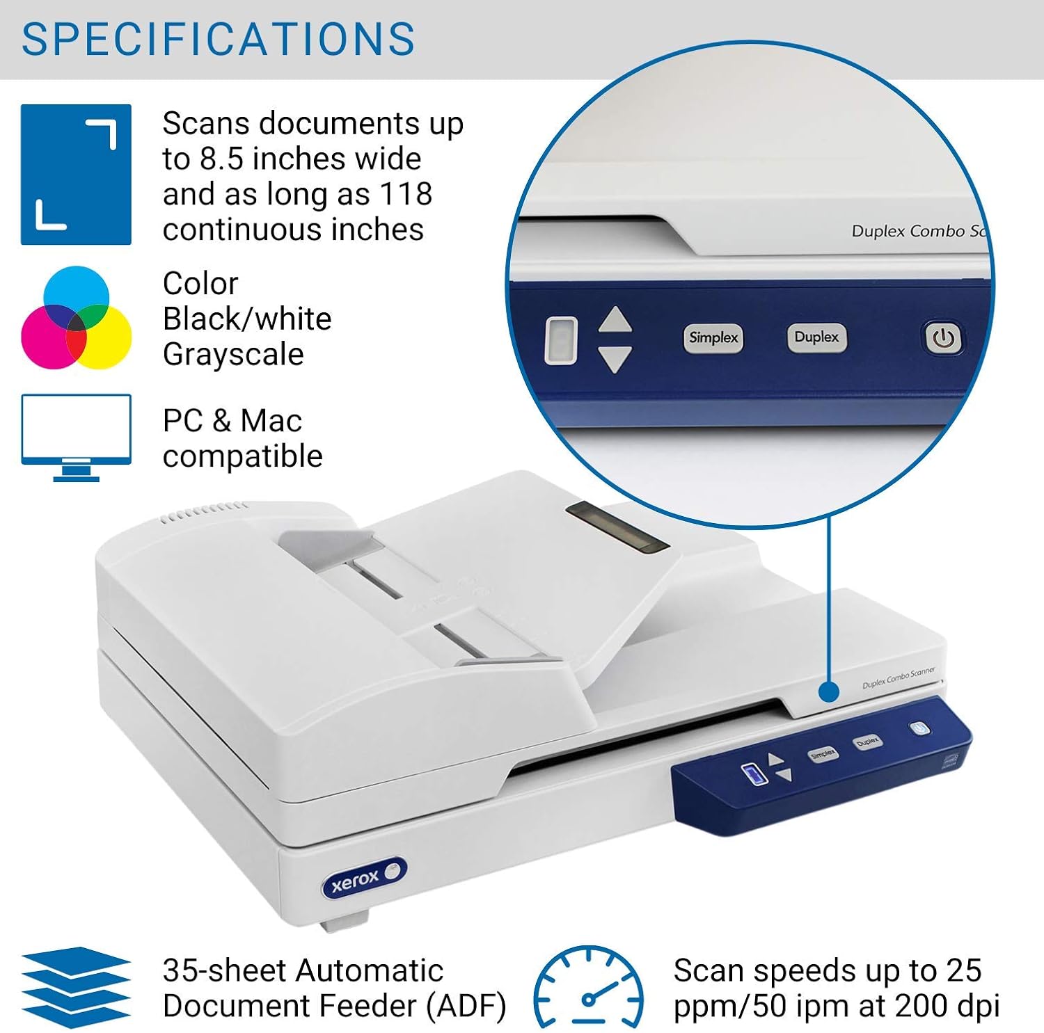 Xerox XD-COMBO Duplex Combo Flatbed Document Scanner for PC and Mac, Automatic Document Feeder (ADF)