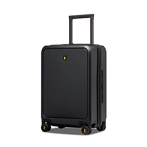 LEVEL8 Road Runner Pro Carry-On Luggage, 20” Lightweight PC Hardside Suitcase with Wheels, Spinner Trolley for Luggage with Front Compartment, Tsa Lock, Black
