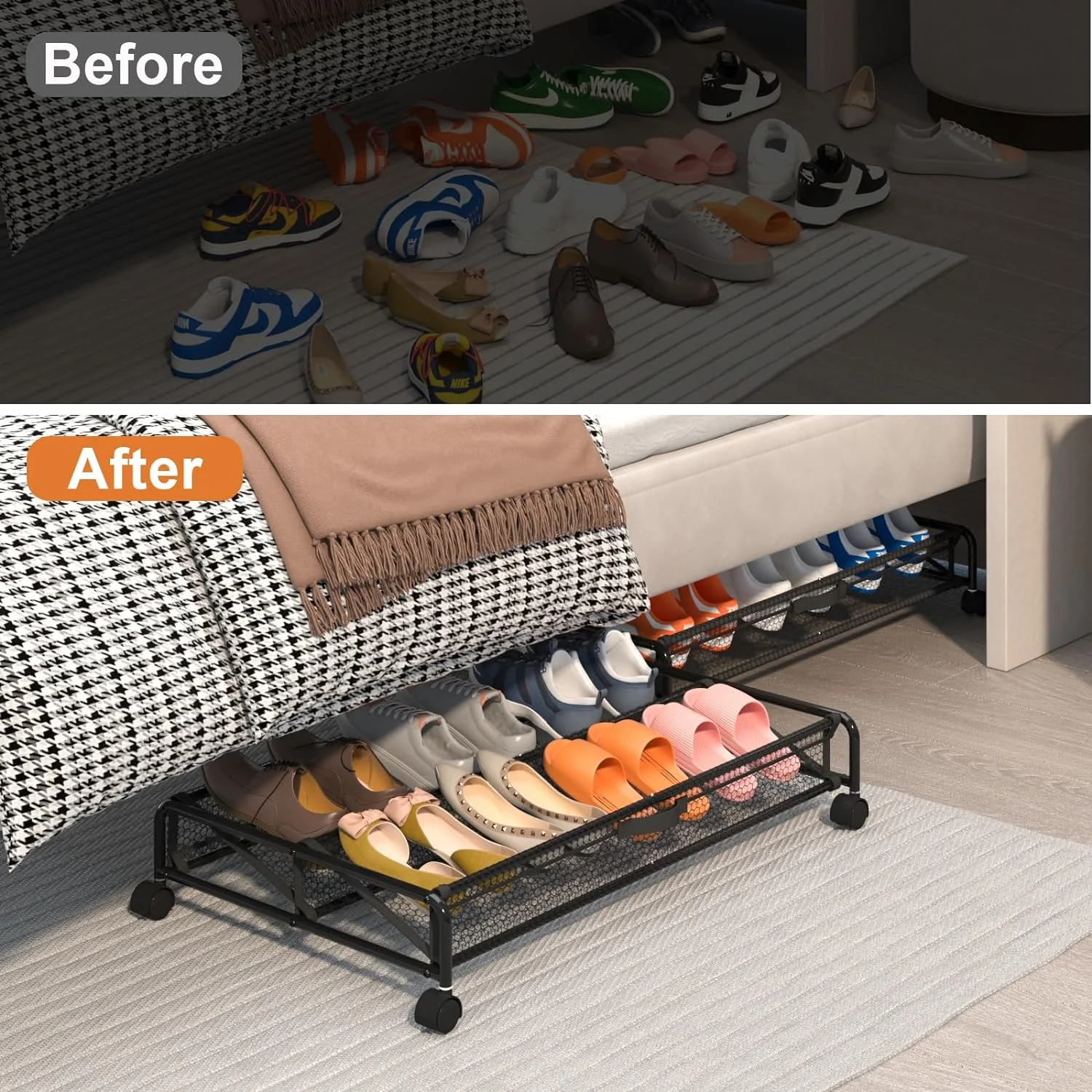 Under Bed Shoes Storage - 2 Pack Rolling Under-bed Storage Containers with Wheels, Breathable Mesh Fabric with Metal Frame