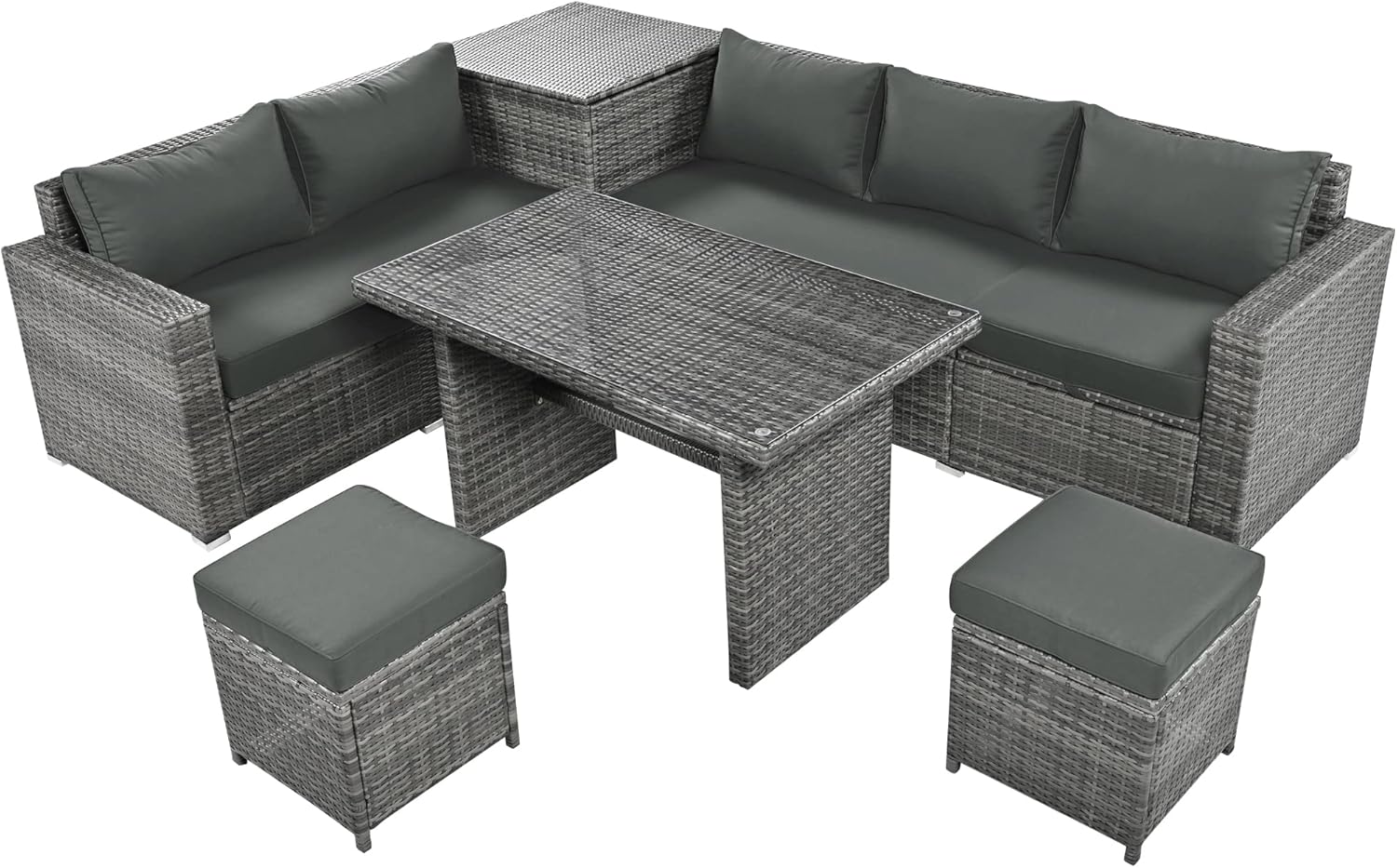 Outdoor 6-Piece All Weather PE Rattan Sofa Set, Garden Patio Wicker Sectional Furniture Set with Adjustable Seat, Storage Box, Removable Covers and Tempered Glass Top Table,Grey