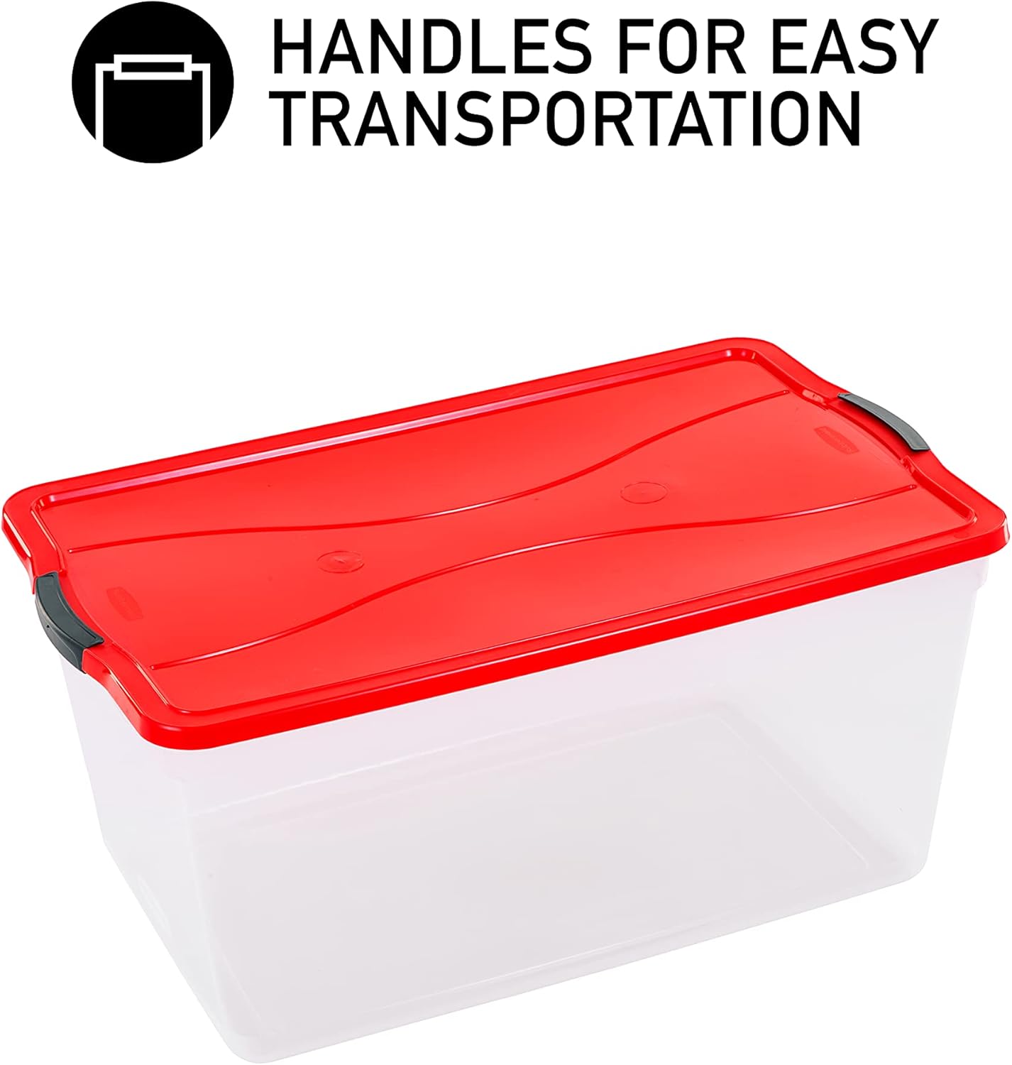 Rubbermaid Cleverstore Clear 71 QT Pack of 4 Holiday Storage Containers, Great for Holiday Decorations, Stackable, Large Capacity, Durable Latching Lids, Clear Bins, Red Lids/Green Handles