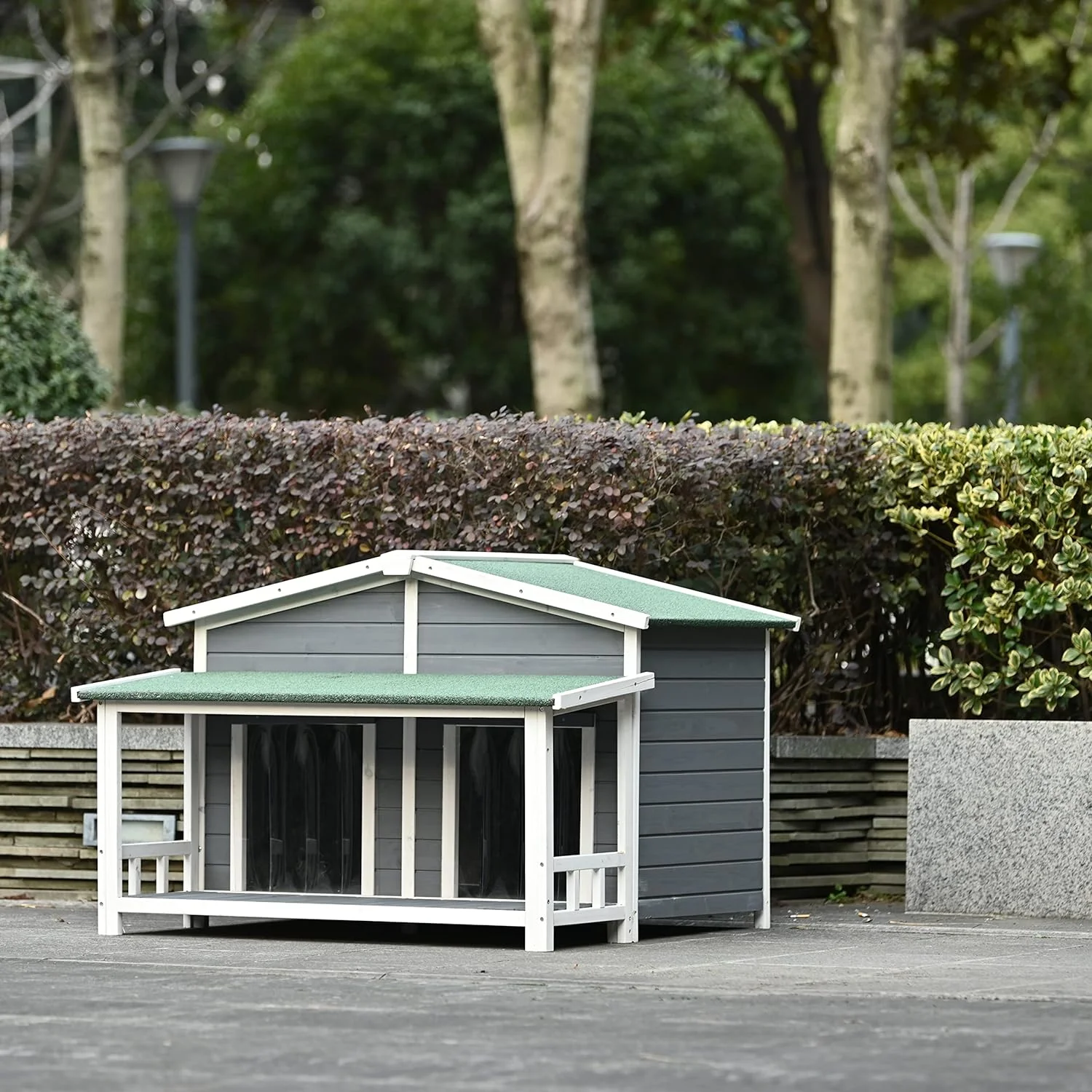 Large Wooden Dog House Outdoor, Outdoor & Indoor Dog Crate, Cabin Style, With Porch, 2 Doors, Gray And Green