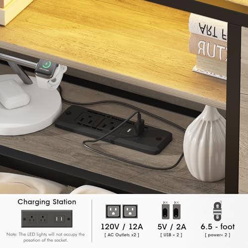 Queen Size Bed Frame with Charging Station, Queen Bed Frame with 4 Drawers LED Light, Farmhouse Platform Bed with Headboard Storage 3 Layer Shelves, Wash Grey