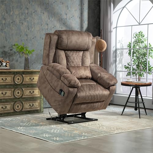 Light Grey Recliner Chair for Elderly | Tall and Big Man 400lbs | Chenille | Power Lift, Lay Flat, Stand Up, Wireless Charging Device, Extended Footrest, Massage Heat, Cup Holder, Lumbar Pillow