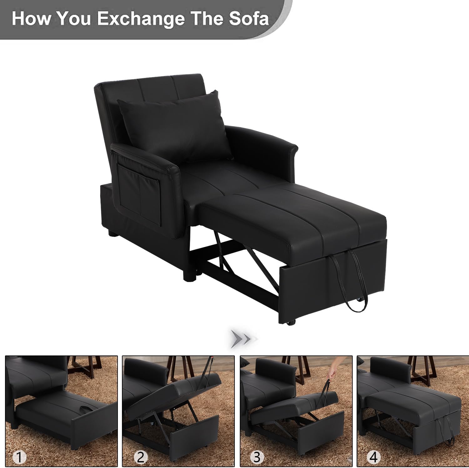 BINGTOO Bed Chair, 3 in 1 Lounge Chair,Multi-Function Folding Sofa Bed, Ottoman Bed Sleeper, Pull Out Sofa Bed Chair, Ottoman Bed, Convertible Chair to Bed, Pull Out Bed Couch for Home Office