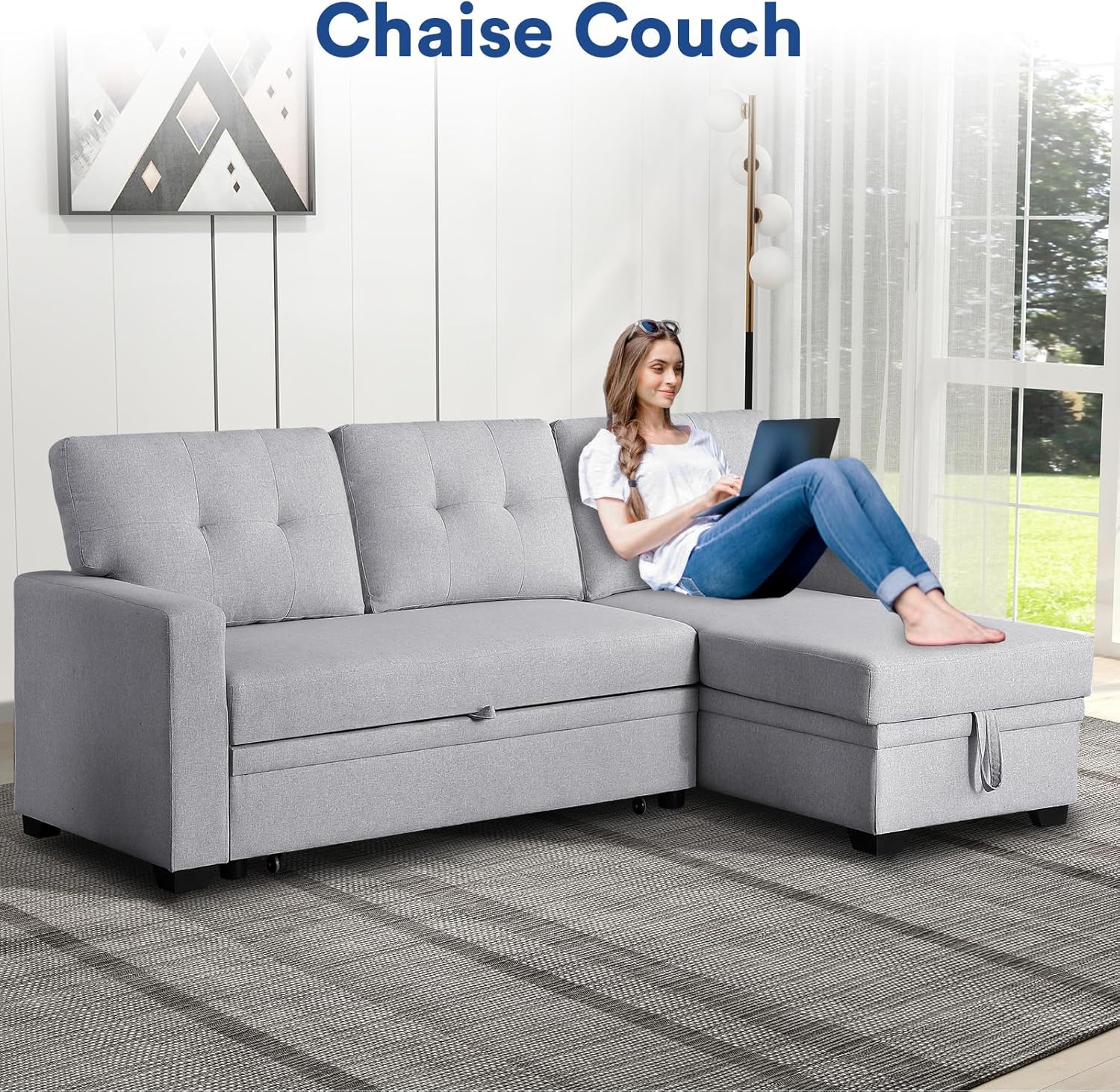 4-in-1 Convertible L Shaped Couch with Pull Out Bed and Storage Sectional Sleeper Sofa with Reversible Chaise for Living Room, Apartment, Bedroom, Office, Light Gray