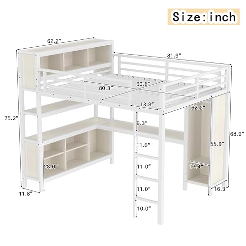 Linique Metal Loft Bed with Wardrobe & L-Shaped Desk - Sturdy Space-Saving Loft Bed Includes Storage Cubes, Shelves for Kids, Teens, Adults (White, Queen)