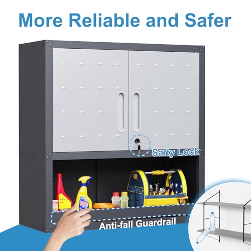 Garage Storage Cabinet Wall Cabinet with 2 Doors,Lockable Tool Cabinets Wall Mounted with Adjustale Shelves,Heavy Duty Steel Hanging Cabinets for Warehouse Kitchen Laundry,Assembly Required