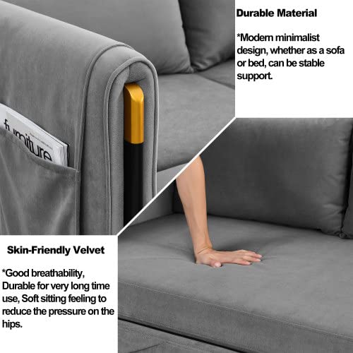54" Modern Velvet Convertible Sofa Bed with 2 Detachable Arm Pockets, Velvet Loveseat Multi-position adjustable Sofa, Pull Out Bed with Bedhead, Sofa Sleeper with 2 Pillows for Living Room, Gray