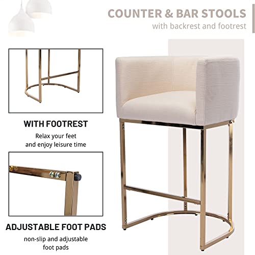 Contemporary Cream Linen Bar Stools Set of 3, 29" Upholstered Fabric Counter Height Barstools Kitchen Counter Island Stools with Screwed Together Golden Metal Base