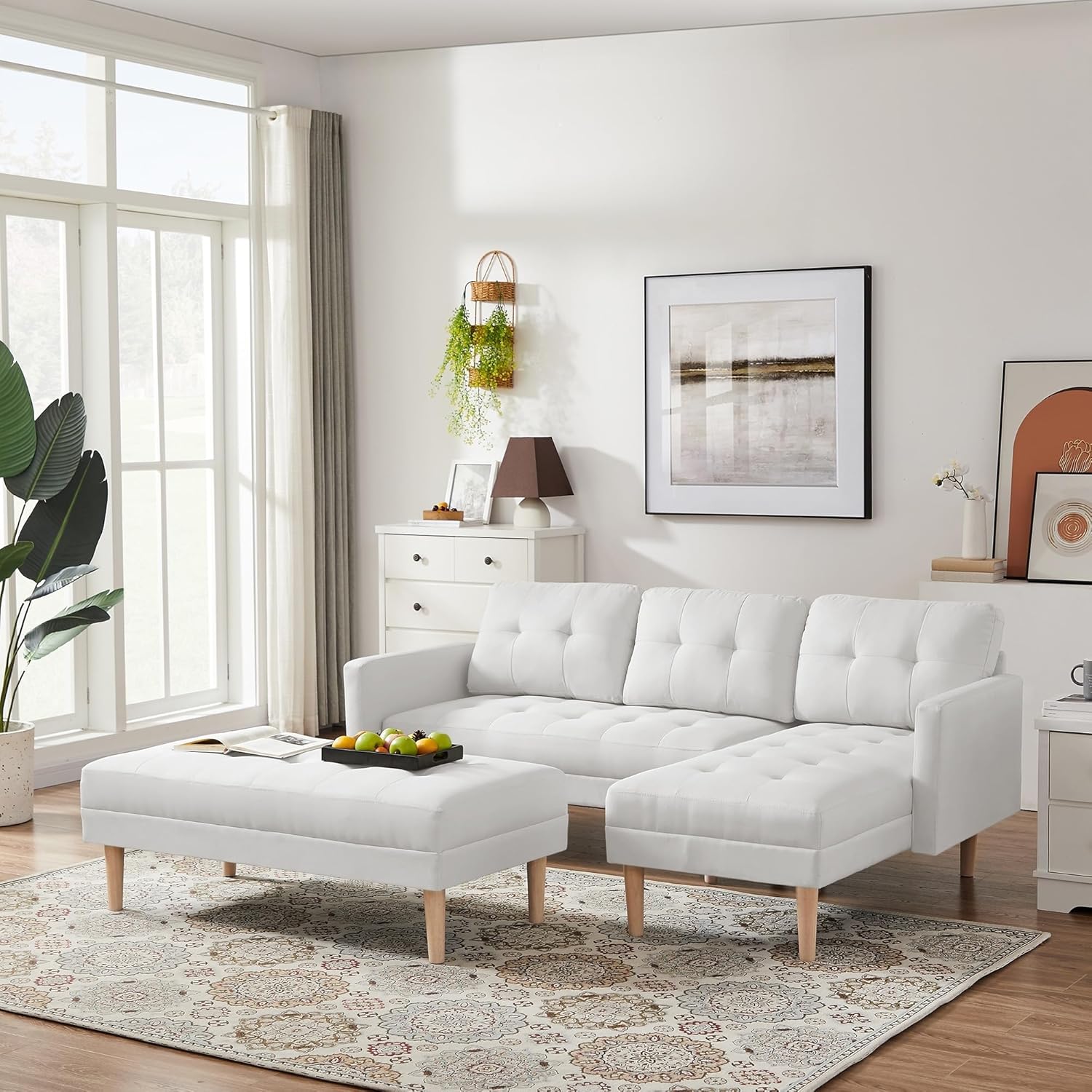L-Shape Right Facing Sectional Sofa Bed with Ottoman Bench White Mid-Century Modern Pattern Fabric Included