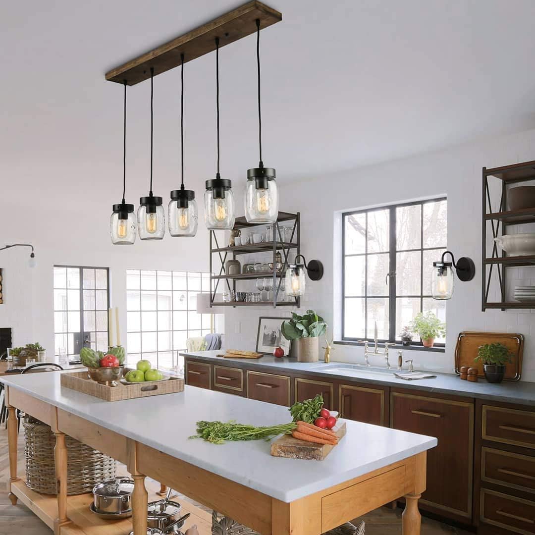 LNC Farmhouse Mason Jar Chandelier, 5-Light Adjustable Rustic Pendant Chandeliers Hanging Light Fixture for Kitchen Island and Dining Room Brown