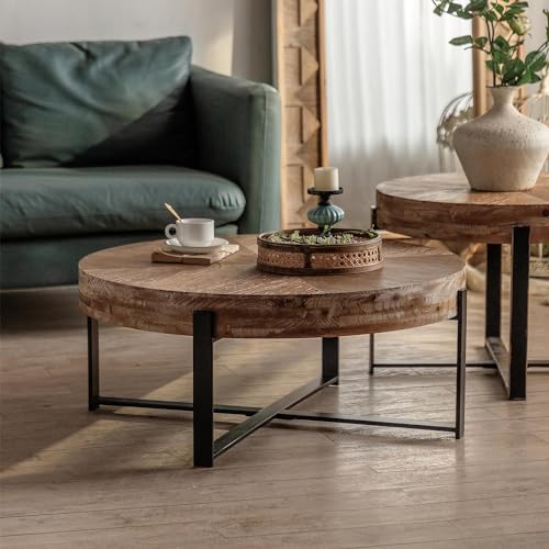 Antique Round Coffee Table Solid Wood Coffee Table, 31.29 inch Farmhouse Coffee Table with Cross Metal Base, Modern Cocktail Table Center Table for Living Room Coffee Table, Natural & Gold