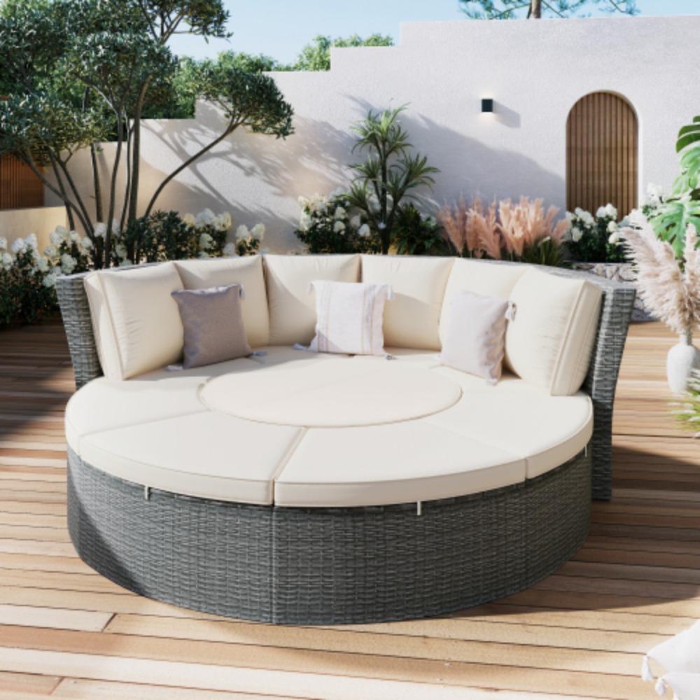 TOPMAX Patio 5-Piece Round Rattan Sectional Sofa Set All-Weather PE Wicker Sunbed Daybed with Round Liftable Table and Washable Cushions for Outdoor Backyard Poolside Beige + Rattan + Foam