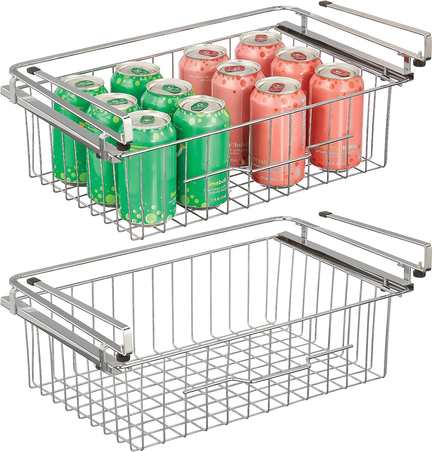 mDesign Large Metal Wire Hanging Pullout Drawer Basket - Sliding Under Shelf Storage Organizer - Attaches to Shelving - Easy Install - 2 Pack - Silver Pack of 2