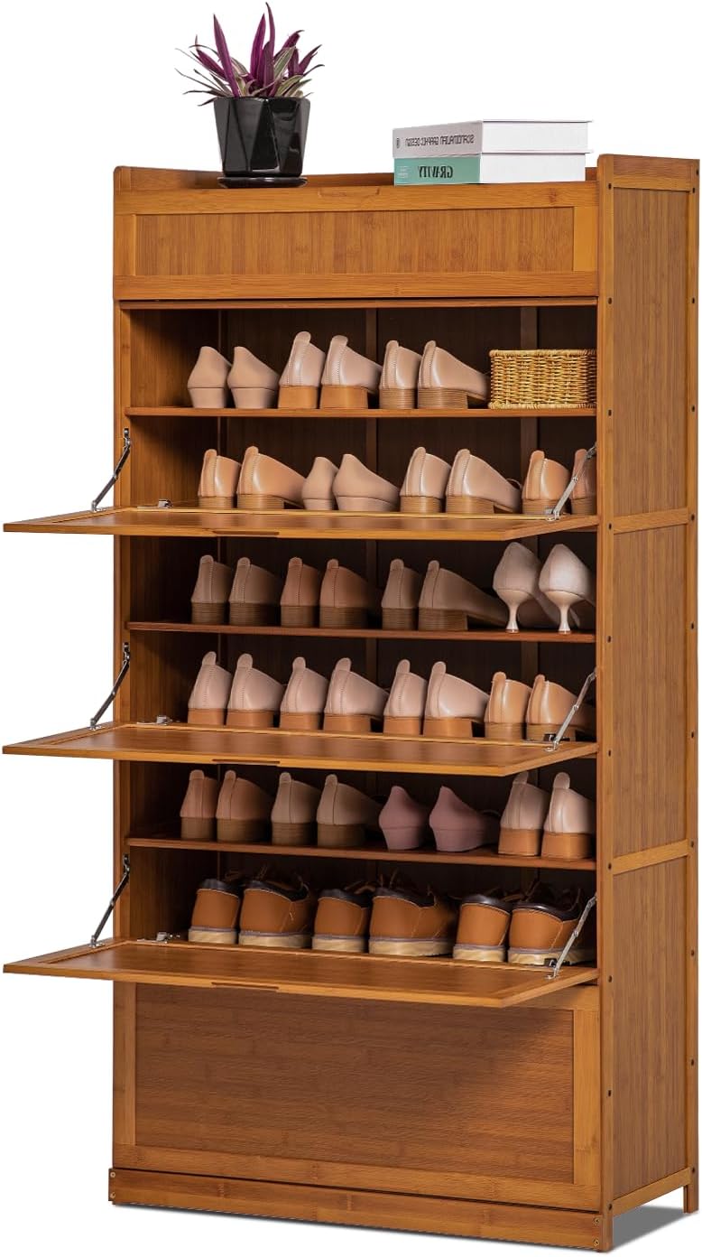 Magshion Bamboo Shoe Organizer Modern Cabinet with Pull-Down Door, 9-Tier Freestanding Shoe Storage for Entryway, Freestanding Shoe Cabinet Organizer for Convenient Shoe Organization (Brown)