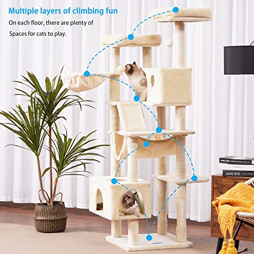 Hey-brother Cat Tree, XL Cozy Cat Tower, 69 Inch Tall Cat Condo with Hammock, Basket, Scratching Posts, 2 Large Cat Caves, 2 Plush Perches, Stable Cat Activity Center, Light Gray MPJ033W