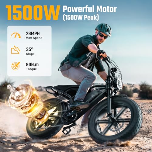 TST Electric Bike for Adults, 1500W Peak Brushless Motor 28 MPH 60 Miles/110 Miles Fat Tire E Bike with 48V 15Ah/ 25Ah Removable Battery 20" Electric Dirt Bike Hydraulic Suspension and 7-Speed