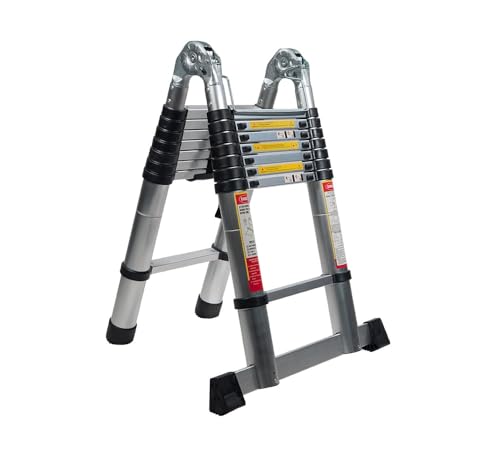 Mytee Products 16.5' Telescoping Ladder A Frame - Aluminum Extention Ladder w/Balance Bar, Carry Handle & Tool Tray - Folding Collapsible Ladder for Extend & Climb RV or for Household & Outdoor Work