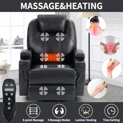 Power Lift Recliner Chair, PU Leather Recliner Massage Chair,Electric Power Recliner for Elderly with Heat,8 Vibrating nodes,3 Massage Modes,USB Type A Type C Ports, Cup Holders,Black