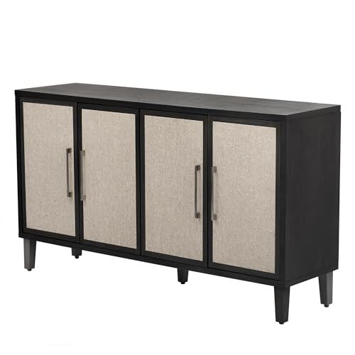Light Luxury Style Accent Storage Cabinet with 4 Linen Cabinet Doors and Adjustable Shelves, 59.8" Wooden Sideboard Console Table with Metal Handles for Living Room, Study Room, Entrance (Beige-08)