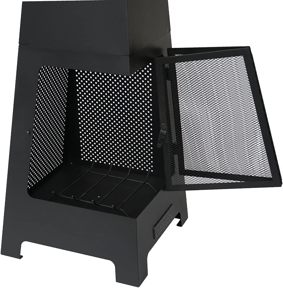 BLACK + DECKER Steel Woodburning Pyramid Chiminea Outdoor Fireplace Hinged mesh screen panel doors Black powder coated steel fire pit over 4 ft tall includes poker