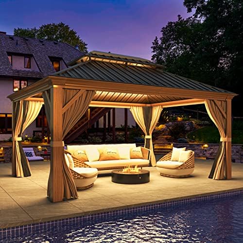 MELLCOM 12'x16' Hardtop Gazebo, Galvanized Steel Metal Double Roof Canopy with Curtains and Netting, Brown Permanent Pavilion Gazebos with Aluminum Frame for Garden, Patio, Lawns, Deck
