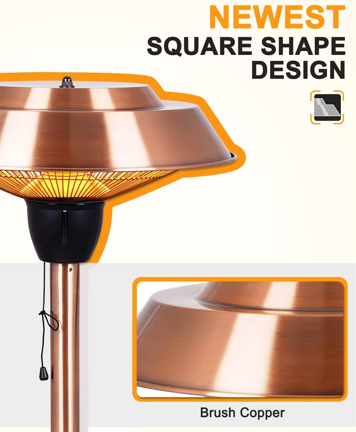 Star Patio Electric Patio Heater, Outdoor Heater, 1500W Infrared Heater with Brush Copper Finished, Tip-Over Protection, Electric Tabletop Heater, IP44 Waterproof, STP1566-CT-B