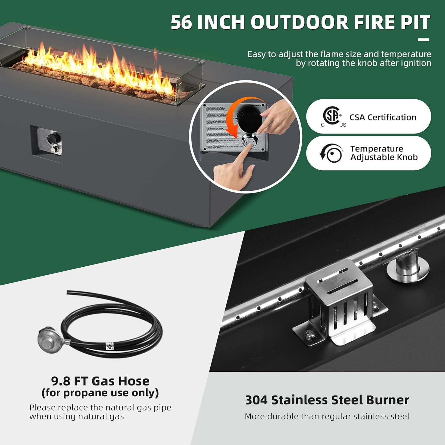 56-inch Outdoor Propane Gas Fire Pit Table 50000 BTU Iron Rectangle Fire pit for Outside Patio with Propane Tank Cover, Wind Guard, Removable Lid, Lava Rocks, Rain Cover, Grey