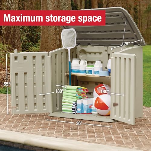Rubbermaid Small Horizontal Resin Outdoor Storage Shed With Floor (4.5 x 3 Ft) Weather Resistant, Beige/Brown, Organization for Home/Backyard/Pool Chemicals/Toys/Garden Tools/Porch/Patio Cushions