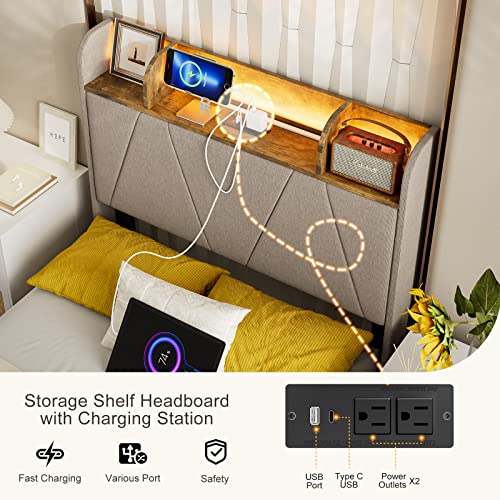 IKIFLY King Bed Frame with Charging Station & Storage Shelf Headboard - 2 Outlets and 2 USB Ports（1 Type C）- Upholstered LED Bed Frame with Solid Wood Slats, No Box Spring Needed - Light Brown