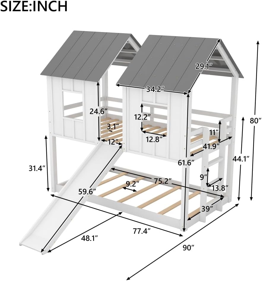 Twin Over Twin House Bunk Bed with Slide and Windows,White 2-Numbers of Package Pine Wood+MDF 14/7pcs 77.4" L*41.9" W*80" H 155Lb GX000920AAK-1