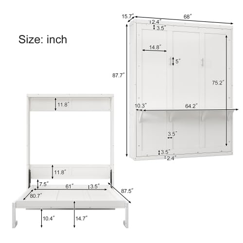 Murphy Bed,61.5-inch Cabinet Bed Folding Wall Bed with Desk Combo Perfect for Guest Room, Study, Office, White (Queen)