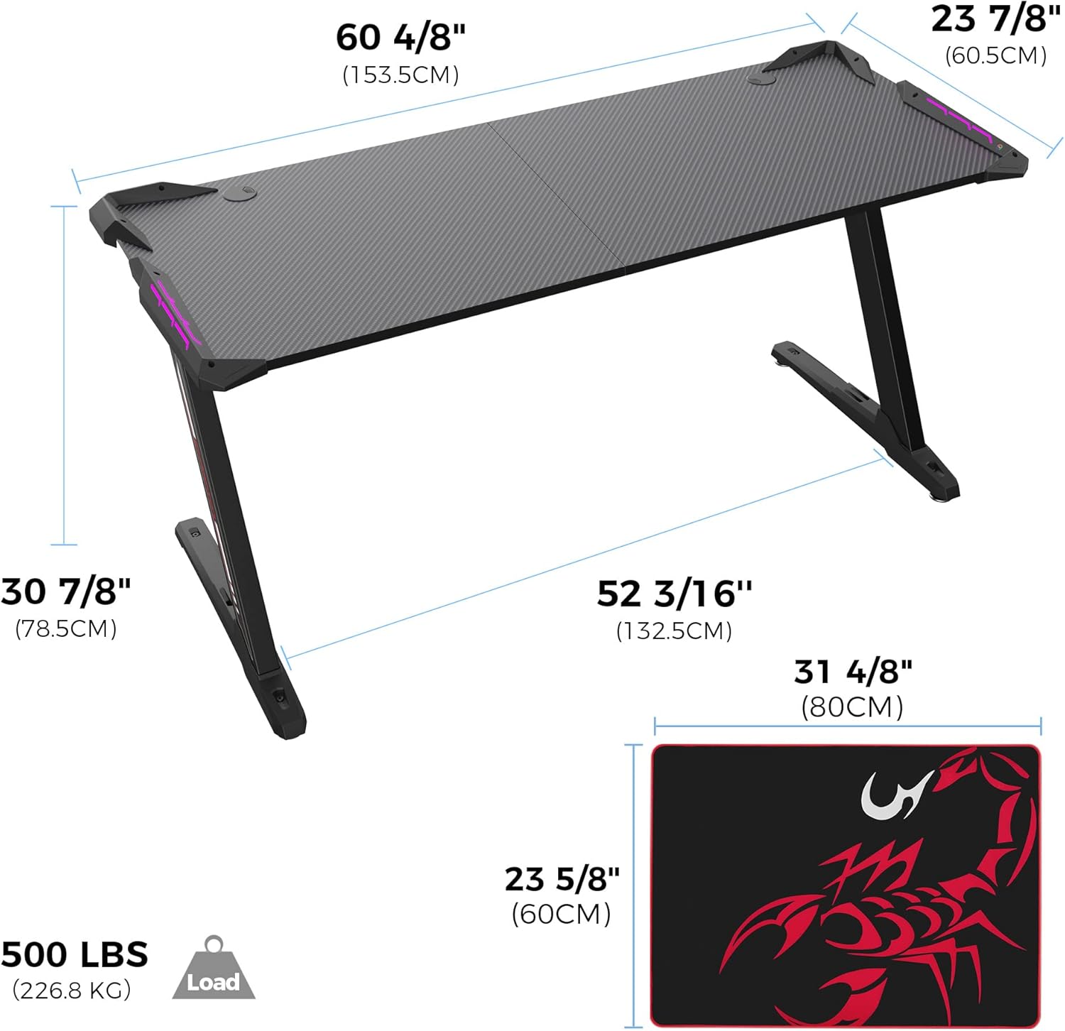 EUREKA ERGONOMIC Z60 Gaming Desk 60 inch Computer Desk Z Shaped Large PC Tables with RGB LED Lights Mouse Pad for E-Sport Racing Gamer Pro Home Office Gift