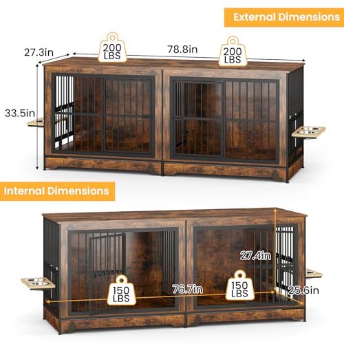 86 Inch Double Dog Crate Furniture with Divider, 4 Combination Forms Large Dog Kennel Furniture for 2 Dogs, Rustic Brown Corner Dog Kennel for Small Medium Large Dogs