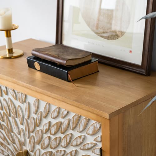 Farmhouse Sideboard with Leaf Design Doors, Decorative Storage Cabinet Freestanding Buffet Sideboard Credenza with Wood Legs for Living Room, Kitchen, Dining, Office and Entryway