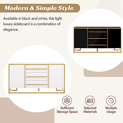 Modern Buffet Table Sideboard Cabinet Credenza, Living Room Cabinets Large Buffet Cabinet with Adjustable Shelves 3 Drawers 2 Doors for Kitchen Dining Room, White and Gold Buffet